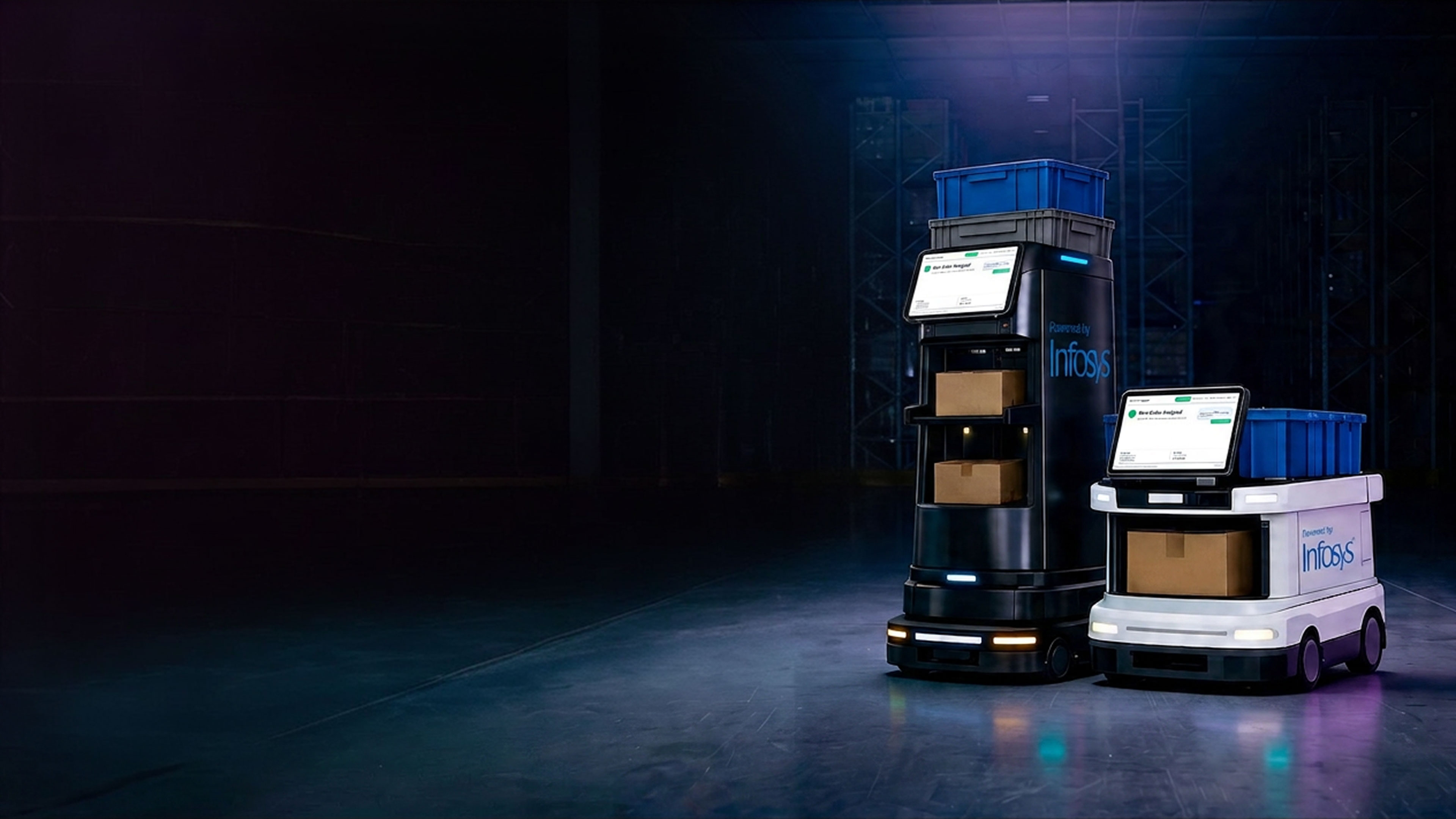 Warehouse robots in a cinematic warehouse